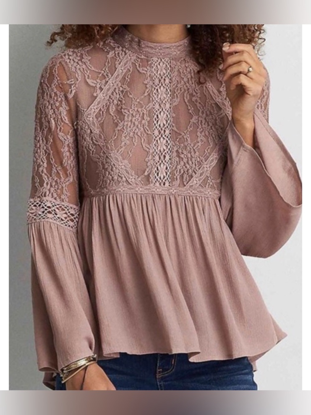Boho Whimsigoth American Eagle Lace Dusty Mauve Bell Sleeve Top EUC